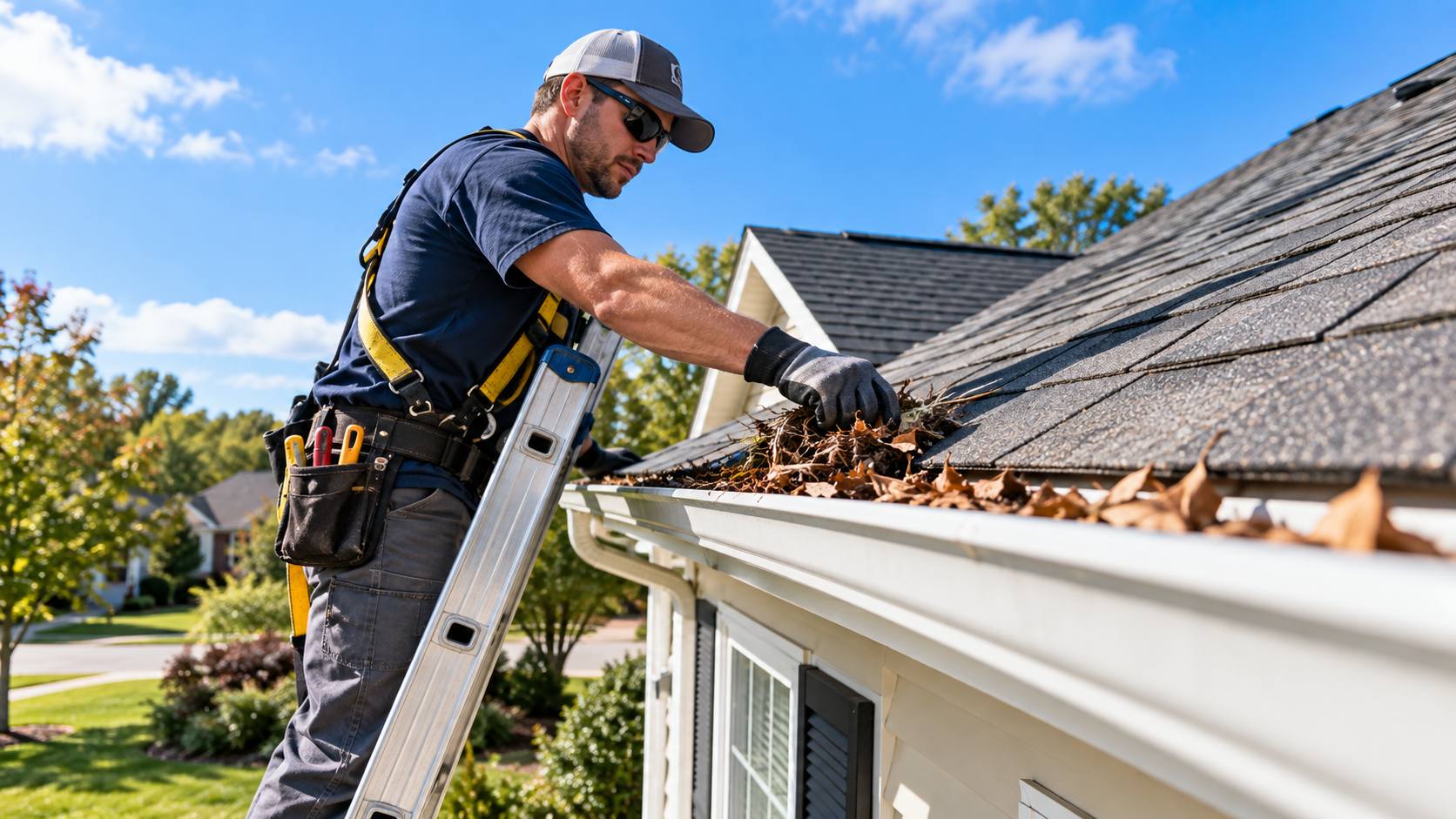 Fast Pro crew member cleaning a gutter on a Pompano Beach home