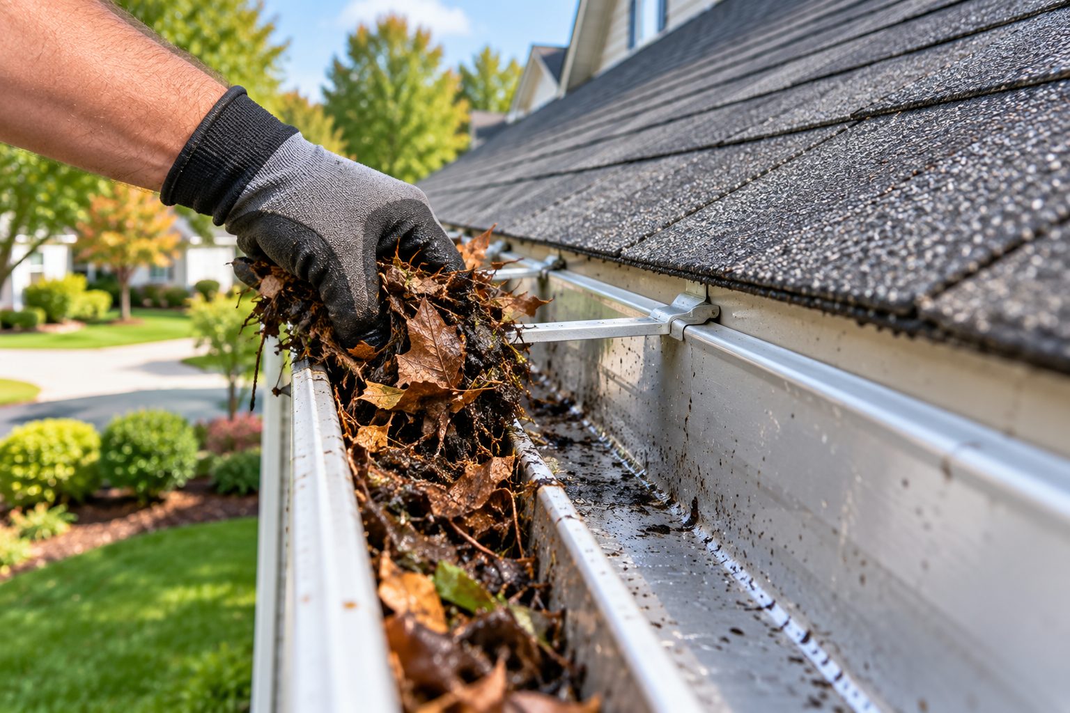 Hand-cleaning a gutter packed with debris in Pompano Beach