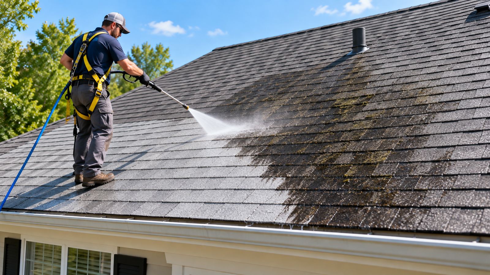A roof mid-wash with a clean line against dark streaks at a Pompano Beach home