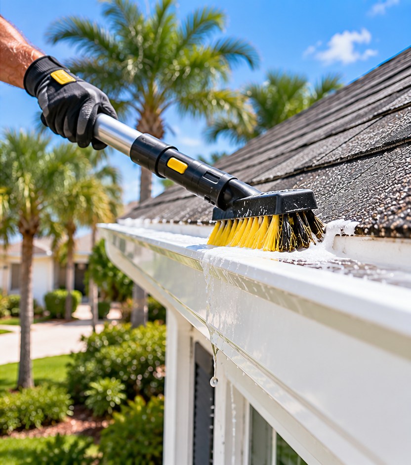 Fast Pro technician brightening a gutter on a Pompano Beach home