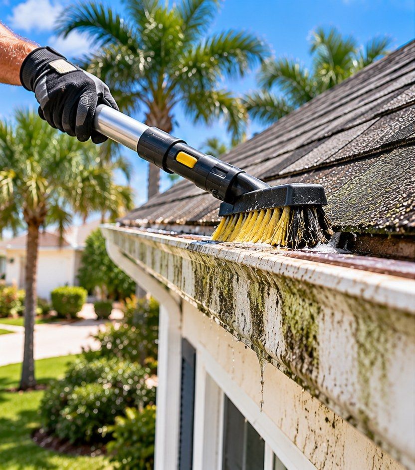 Before gutter brightening in Pompano Beach: dark tiger stripes on the gutter face